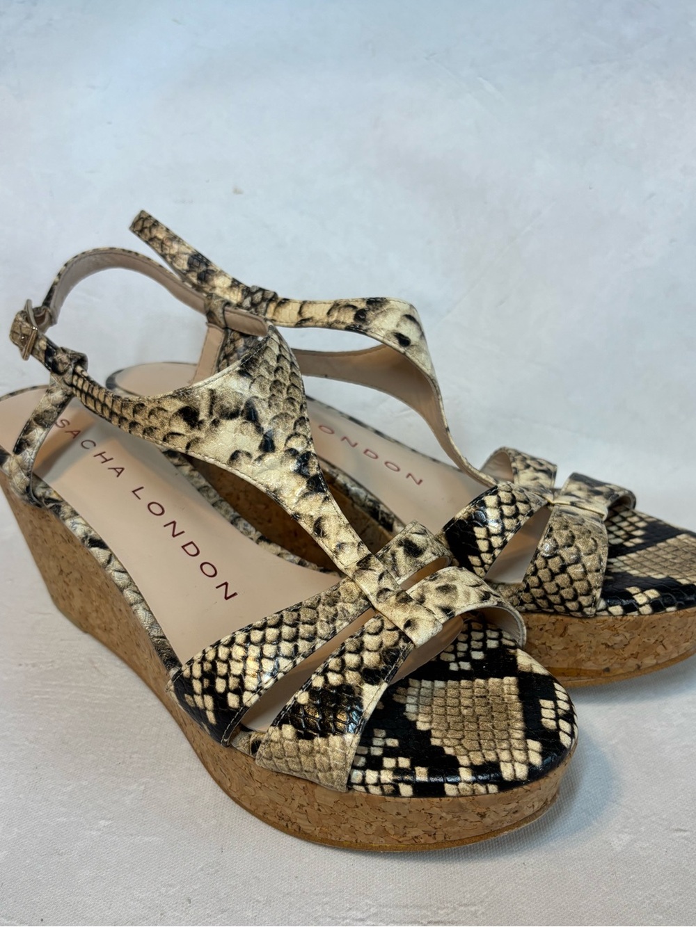 Sacha London Beige Snake-Print Cork Wedge Sandals, size 8, leather